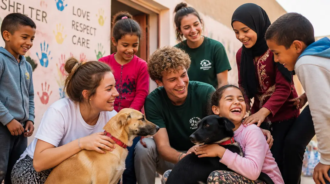 Illustrative campaign scene of volunteers teaching children about compassionate animal care