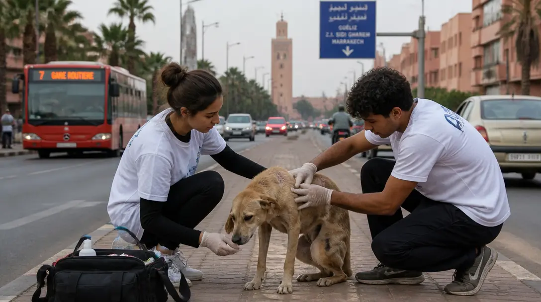 Illustrative campaign scene of volunteers checking a street dog in Marrakech