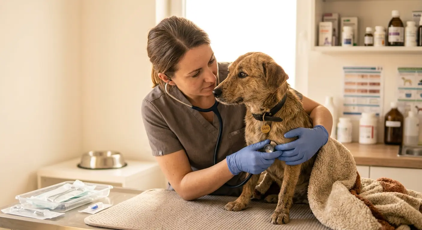 Illustrative campaign scene of a veterinarian examining a rescued dog