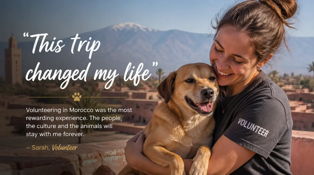 Volunteer holding a rescued dog in Morocco